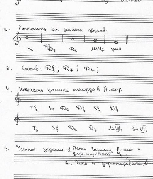 Построить от данных звуков: S6 (си), D7 (до диез), D2 (ля), MVll7 (соль), ум5 (ми)