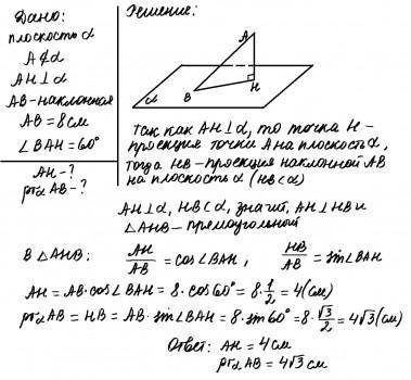 . Із точки до площини проведено перпендикуляр і похилу. Довжина похилої дорівнює 8 см, а кут між нею