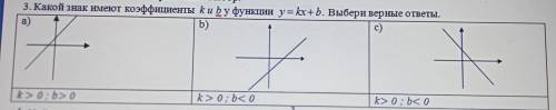 3. Какой знак имеют коэффициенты ku bу функции у = kx+b. Выбери верные ответы. ) a) b) C) ми 4 Т. k&