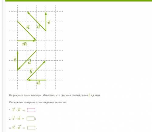 На рисунке даны векторы. Известно, что сторона клетки равна 5 ед. изм. Определи скалярное произведен