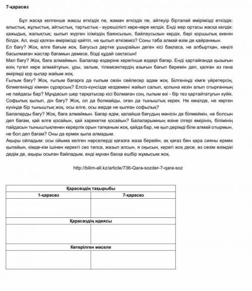 Абайдың 1,7-қарасөздрерін негізге ала отырып,кестені толтырыңыз. Қазақ әдебиетінен екінші бжб,2 тоқс