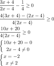 \displaystyle \frac{3x+4}{2x-4}-\frac{1}{4}\geq 0frac{4(3x+4)-(2x-4)}{4(2x-4)}\geq 0frac{10x+20}{4(2x-4)}\geq 0left \{ {{10x+20=0} \atop {2x-4\neq 0}} \right.left \{ {{x=-2} \atop {x\neq 2}} \right.