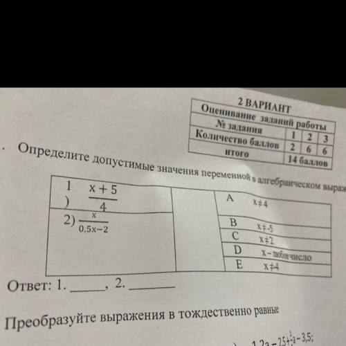 Итого 14 1. Определите допустимые значения переменной в алгебраиче A х+4 1 х+5 ) 4 X 2) 0,5х-2 B С D