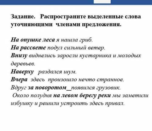 Распространите выделенные слова уточняющими членами предложения.На опушке леса я нашла гриб. На расс