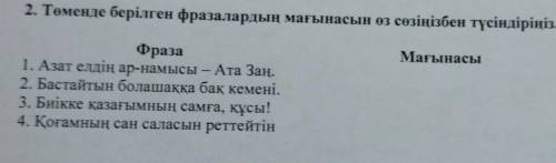 . Төменде берілген фразалардың мағынасын өз сөзіңізбен Мағына Фраза Азат елдің ар-намысы — Ата Заң.