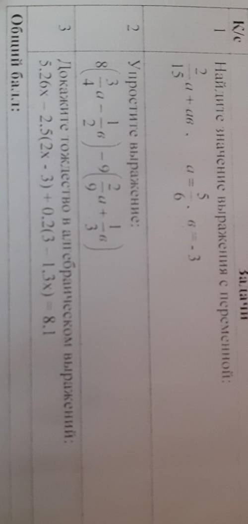 Зада Қ/с 1 Найдите значение выражения с переменной: 2. 5 а — 6=-3 --- , а тав 15 6 2. a 6 1. Упрости