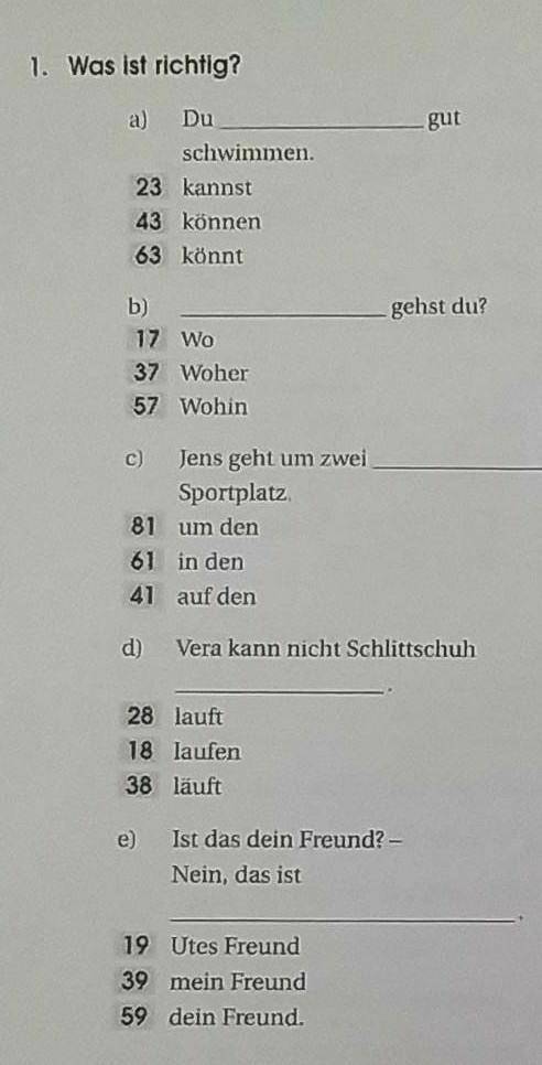 1. Was ist richtig? f) Was macht ihr denn?- Wir a) Du gut schwimmen. 23 kannst 12 fernsehen 43 könne