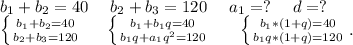 b_1+b_2=40\ \ \ \ b_2+b_3=120\ \ \ \ a_1=?\ \ \ \ d=?\\\left \{ {{b_1+b_2=40} \atop {b_2+b_3=120}} \right. \ \ \ \ \left \{ {{b_1+b_1q=40} \atop {b_1q+a_1q^2=120}} \right.\ \ \ \ \ \left \{ {{b_1*(1+q)=40} \atop {b_1q*(1+q)=120}} \right..\\