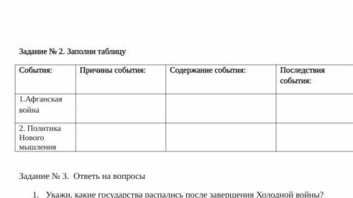 Задание № 2. Заполни таблицу События: Причины события: Содержание события: Последствия события: 1.Аф