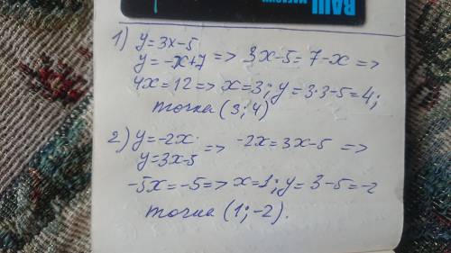 Найдите координатные точки пересечения 1) y=3x-5 y=-x+7 2)y=-2x y=3x-5