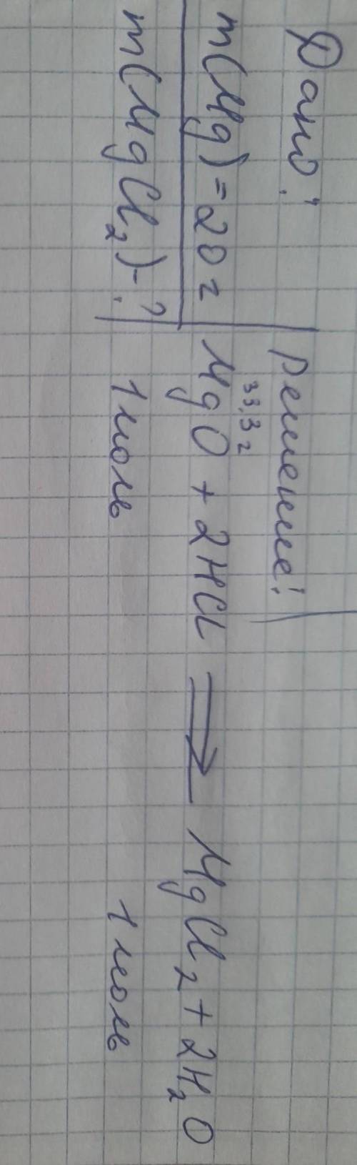 Дано: | Решение: m(Mg)=20г. | MgO+2HCl= MgCl2+m(MgO)=33,3г. | 2H2Om(MgCl2)-?