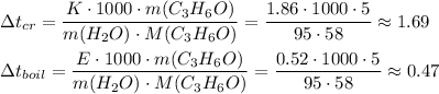 \Delta t_{cr} = \dfrac{K \cdot 1000 \cdot m(C_3H_6O)}{m(H_2O) \cdot M(C_3H_6O)} = \dfrac{1.86 \cdot 1000 \cdot 5}{95 \cdot 58} \approx 1.69 Delta t_{boil} = \dfrac{E \cdot 1000 \cdot m(C_3H_6O)}{m(H_2O) \cdot M(C_3H_6O)} = \dfrac{0.52 \cdot 1000 \cdot 5}{95 \cdot 58} \approx 0.47