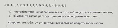 3,0,1,5, 1,2,3,3,1,1,3,0,3, 4, 2, 4,5,5,6,2 а) постройте таблицу абсолютных частот и таблицу относит