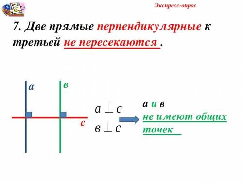 Выберите верное утверждение. Выберите один ответ: Две прямые, перпендикулярные к третьей, не пересек