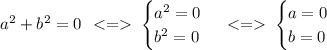 a^{2} + b^{2} = 0 \: \: < = \: \begin{cases}a^{2} = 0 \\ b^{2} = 0 \end{cases} \: < = \: \begin{cases}a = 0 \\ b = 0 \end{cases}