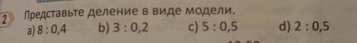 2 Представьте деление в виде модели. b) 3:0,2 c) 5:0,5 пиопередачи начиното а) 8:0,4 d) 2:0,5