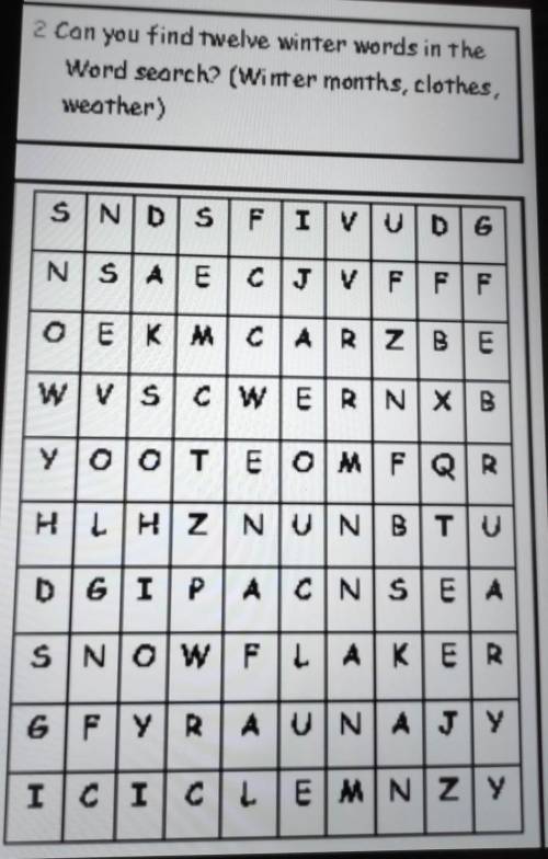 Can you find twelve winter words in the Word search? (Winter months, clothes, weather)