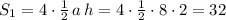 S_1=4\cdot \frac{1}{2}\, a\, h=4\cdot \frac{1}{2}\cdot 8\cdot 2=32