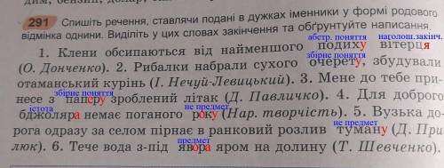 Спишіть речення, ставлячи подані в дужках іменники у формі родового відмінка однини. Виділіть у цих