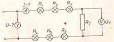Рассчитайте сопротивление, силу тока и общее напряжение цепи, если R1=R2=R3=R4=R7=10 Ом, R2=R5=R6=20
