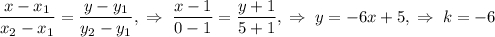 \dfrac{x-x_1}{x_2-x_1}=\dfrac{y-y_1}{y_2-y_1},\;\Rightarrow\;\dfrac{x-1}{0-1}=\dfrac{y+1}{5+1},\;\Rightarrow\;y=-6x+5,\;\Rightarrow\;k=-6