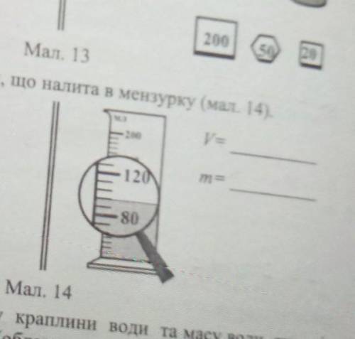 Визначте об'єм та масу води, що налита в мензурку(мал.14) ів