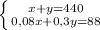 \left \{ {{x+y=440} \atop {0,08x+0,3y=88}} \right.