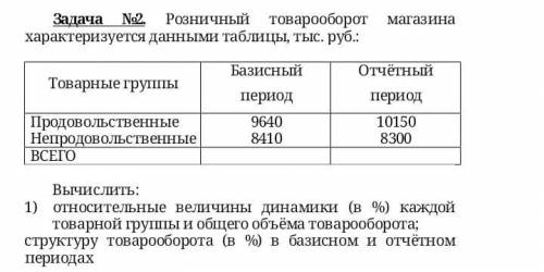 Статистика ! Вычислить: 1) относительные величины динамики (в %) каждой товарной группы и общего объ