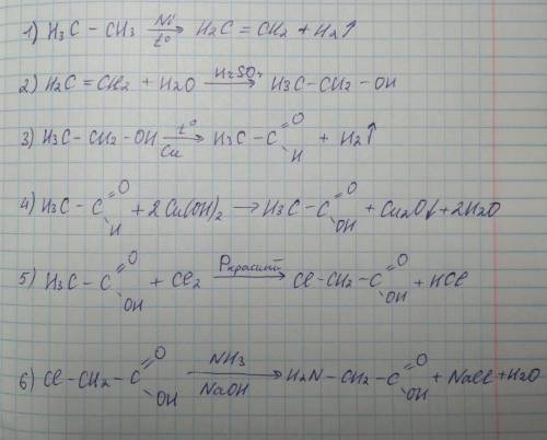 .Осуществить цепочку превращений C2H6->C2H5OH->CH3COH->CH3COOH->CH2ClCOOH->NH2CH2COOH