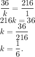 \displaystyle\frac{36}{k} = \frac{216}{1} \\216k = 36\\k= \frac{36}{216} \\k= \frac{1}{6}.