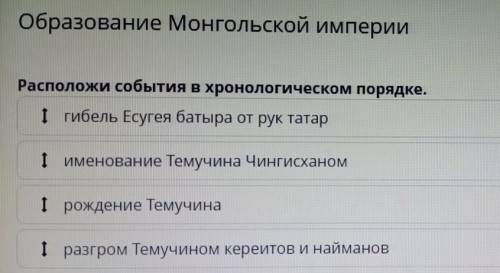 Образование Монгольской империи Расположи события в хронологическом порядке. 1 гибель Есугея батыра