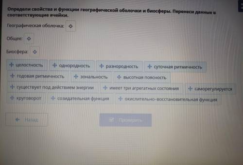 Определи свойства и функции географической оболочки и биосферы. Перенеси данные в соответствующие яч