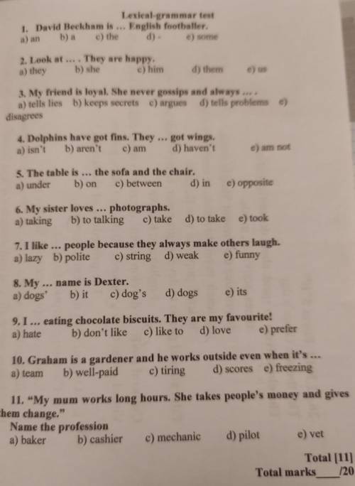 Lexical grammar tent 1. David Beckham in ... English footballer a) an ba c) the 2). e) Nome 2. Look