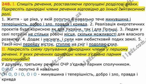 248 I. Спишіть речення, розставляючи пропущені розділові знаки. Підкресліть однорідні члени речення