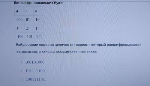 Дан шифр нескольких букв найди среди цепочек тот вариант, который расшифровывается однозначно, и зап