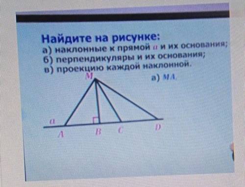 Найдите на рисунке: а) наклонные к пряной а и их основания б) перпендикуляры и их основания в) проек