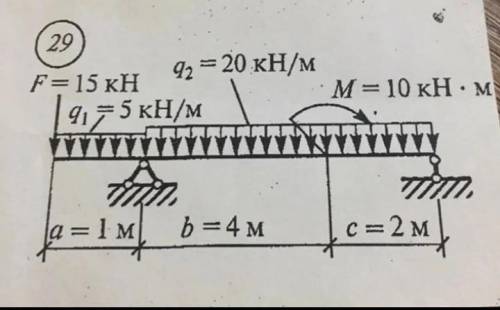 Определить опорные реакции балки на двух опорах по данным F=15 кн М=10кн*м q=20 кн/м