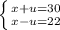 \left \{ {{x + u = 30} \atop {x-u=22}} \right.