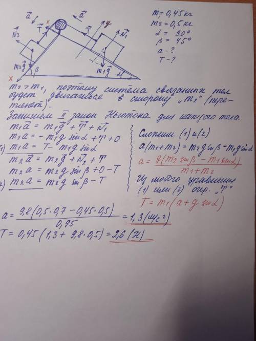 В установке углы альфа и бетта с горизонтом соответственно равны 30° и 45°, массы тел м1 =0,45 кг и