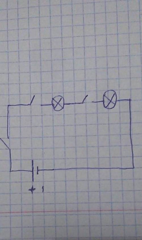7. Нарисуйте схему соединення батарейки, двух лампочек и ключа, в которой включение и выключенне лам