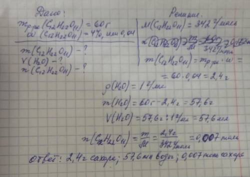 Вычислите сколько г сахара C12H22O11 необходимо и какой объем воды потребуется для приготовления 60