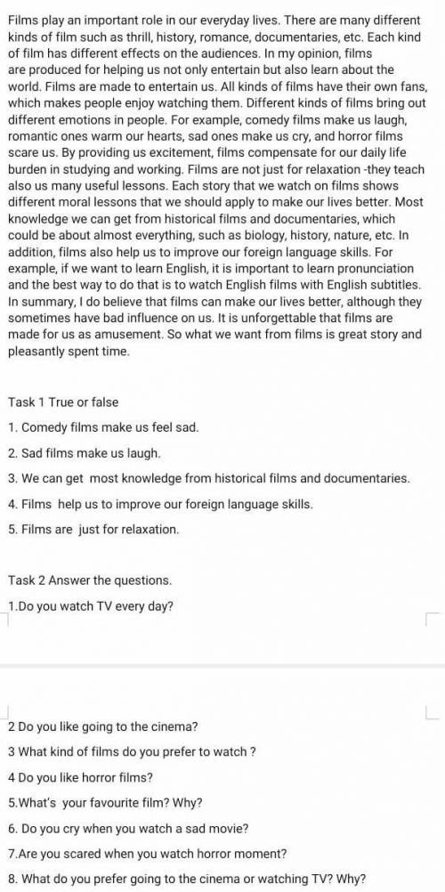 Task 1 True or false 1. Comedy films make us feel sad.