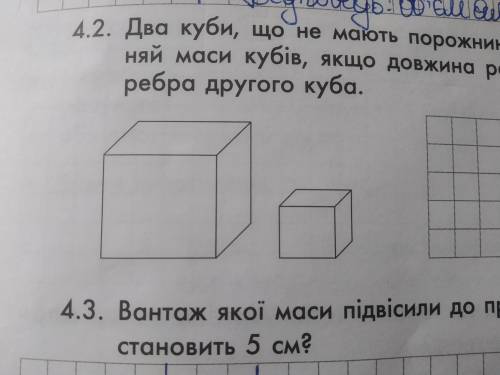 Два куби, що не мають порожнин, виготовлено з однакового матеріалу. Порівняй мами кубів, якщо довжин