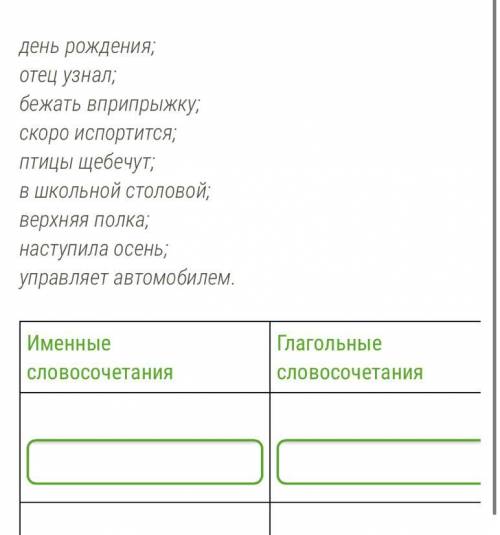 Распредели словосочетания по таблице именные словосочетания,глагольные словосочетания.всего по 3 отв