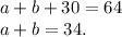 a+b+30=64\\&#10;a+b=34.&#10;