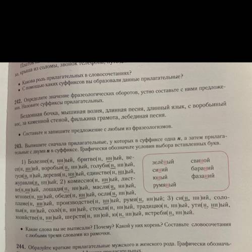 243. Выпишите сначала прилагательные, у которых в суффиксе одна н, а затем прилага- тельные с двумян