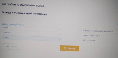 Сөздерді мағынасына қарай сәйкестендір. Сәйкестендіру саны: 3обал бағасы, салмағы, мән-мағынасыұлаға