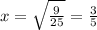 x = \sqrt{\frac{9}{25}} = \frac{3}{5}