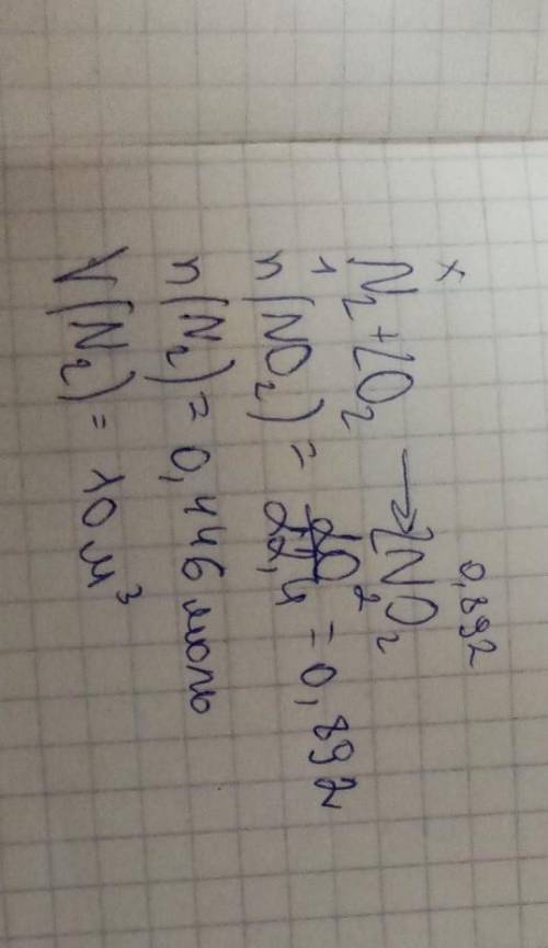 Сколько азота N2 прореагировало, если в результате появилось 20 кубических метров NO2?