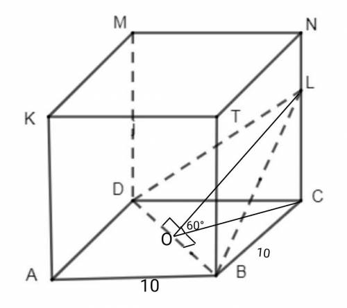 Ребро куба равно 10 см. Через диагональ основания под углом в 600 к плоскости основания проведена пл